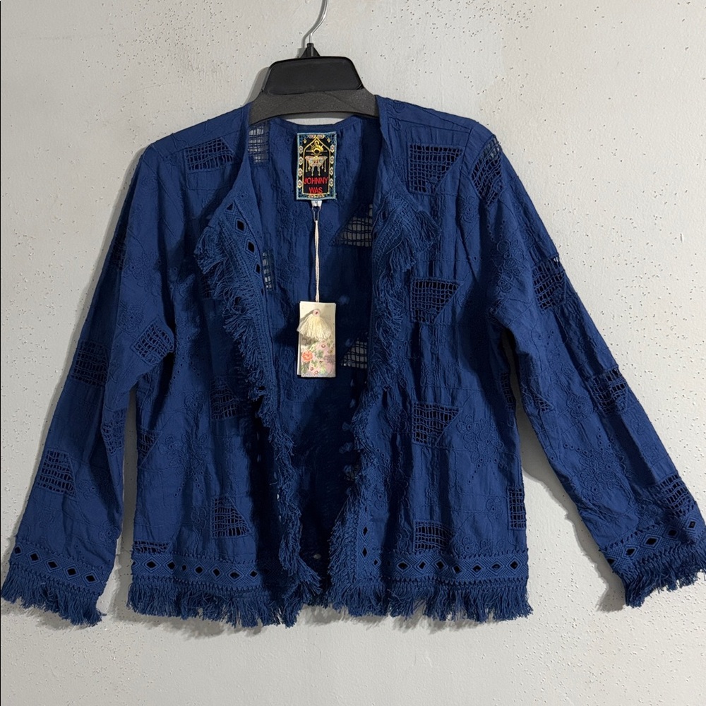 Johnny Was Navy Blue Cutwork Fringe Open Jacket